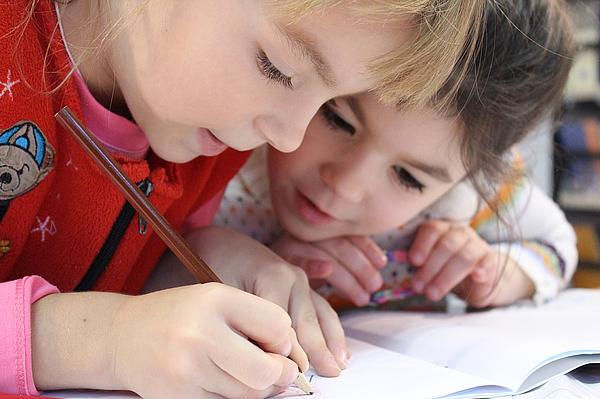 2 Kinder lesen in einem Buch.